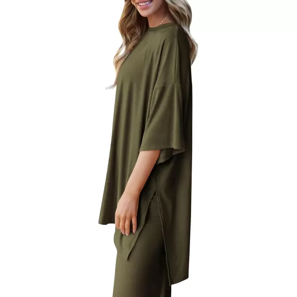PRETTYGARDEN Womens 2 Piece Outfits Casual Short Sleeve Pullover Tops and Wide Leg Pants Lounge Sets TracksuitsArmy Green