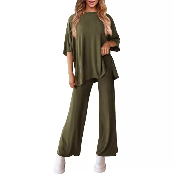 PRETTYGARDEN Womens 2 Piece Outfits Casual Short Sleeve Pullover Tops and Wide Leg Pants Lounge Sets TracksuitsArmy Green