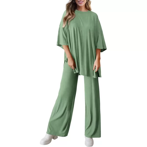 PRETTYGARDEN Womens 2 Piece Outfits Casual Short Sleeve Pullover Tops and Wide Leg Pants Lounge Sets TracksuitsBean Green