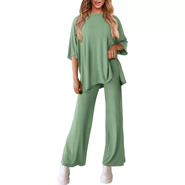 PRETTYGARDEN Womens 2 Piece Outfits Casual Short Sleeve Pullover Tops and Wide Leg Pants Lounge Sets TracksuitsBean Green