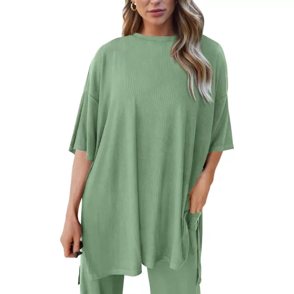 PRETTYGARDEN Womens 2 Piece Outfits Casual Short Sleeve Pullover Tops and Wide Leg Pants Lounge Sets TracksuitsBean Green
