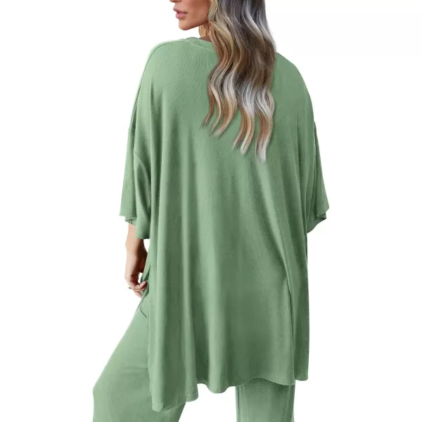 PRETTYGARDEN Womens 2 Piece Outfits Casual Short Sleeve Pullover Tops and Wide Leg Pants Lounge Sets TracksuitsBean Green