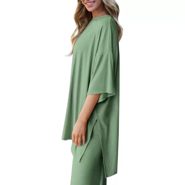 PRETTYGARDEN Womens 2 Piece Outfits Casual Short Sleeve Pullover Tops and Wide Leg Pants Lounge Sets TracksuitsBean Green