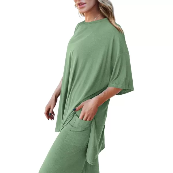 PRETTYGARDEN Womens 2 Piece Outfits Casual Short Sleeve Pullover Tops and Wide Leg Pants Lounge Sets TracksuitsBean Green