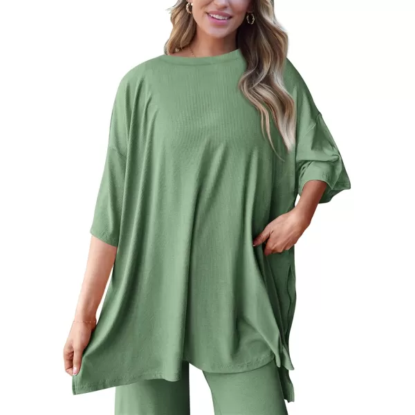 PRETTYGARDEN Womens 2 Piece Outfits Casual Short Sleeve Pullover Tops and Wide Leg Pants Lounge Sets TracksuitsBean Green