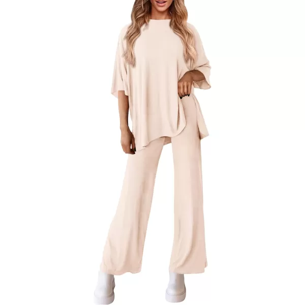 PRETTYGARDEN Womens 2 Piece Outfits Casual Short Sleeve Pullover Tops and Wide Leg Pants Lounge Sets TracksuitsBeige