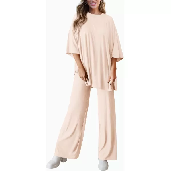 PRETTYGARDEN Womens 2 Piece Outfits Casual Short Sleeve Pullover Tops and Wide Leg Pants Lounge Sets TracksuitsBeige