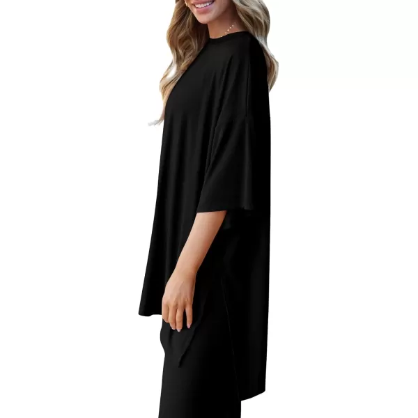 PRETTYGARDEN Womens 2 Piece Outfits Casual Short Sleeve Pullover Tops and Wide Leg Pants Lounge Sets TracksuitsBlack