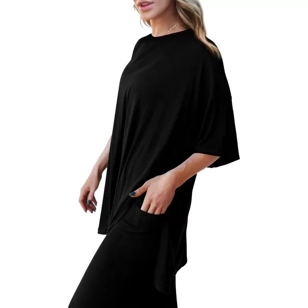 PRETTYGARDEN Womens 2 Piece Outfits Casual Short Sleeve Pullover Tops and Wide Leg Pants Lounge Sets TracksuitsBlack