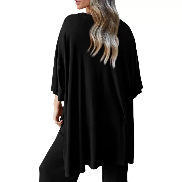 PRETTYGARDEN Womens 2 Piece Outfits Casual Short Sleeve Pullover Tops and Wide Leg Pants Lounge Sets TracksuitsBlack