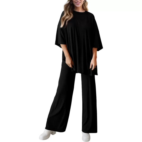 PRETTYGARDEN Womens 2 Piece Outfits Casual Short Sleeve Pullover Tops and Wide Leg Pants Lounge Sets TracksuitsBlack