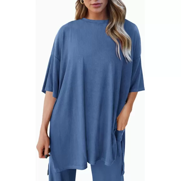 PRETTYGARDEN Womens 2 Piece Outfits Casual Short Sleeve Pullover Tops and Wide Leg Pants Lounge Sets TracksuitsBlue