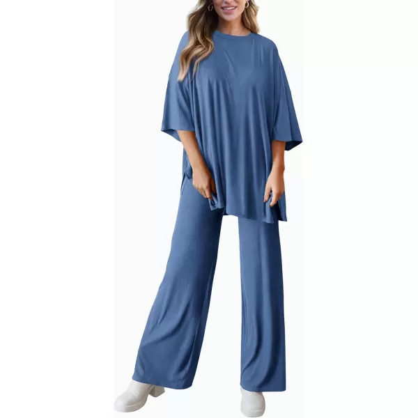 PRETTYGARDEN Womens 2 Piece Outfits Casual Short Sleeve Pullover Tops and Wide Leg Pants Lounge Sets TracksuitsBlue