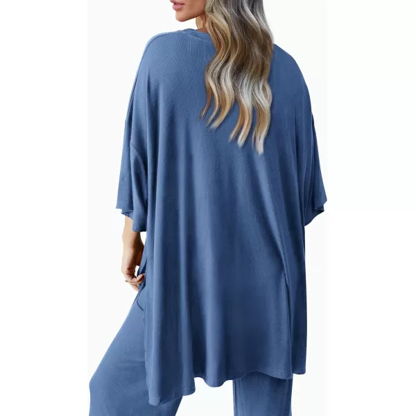 PRETTYGARDEN Womens 2 Piece Outfits Casual Short Sleeve Pullover Tops and Wide Leg Pants Lounge Sets TracksuitsBlue