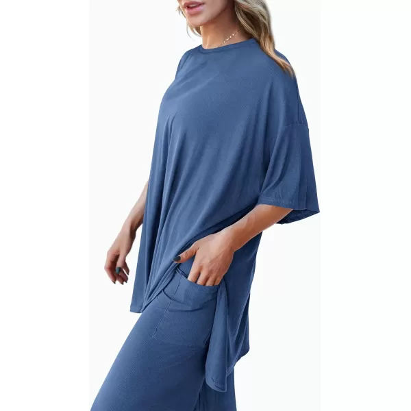 PRETTYGARDEN Womens 2 Piece Outfits Casual Short Sleeve Pullover Tops and Wide Leg Pants Lounge Sets TracksuitsBlue
