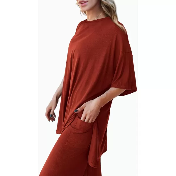 PRETTYGARDEN Womens 2 Piece Outfits Casual Short Sleeve Pullover Tops and Wide Leg Pants Lounge Sets TracksuitsBrick Red
