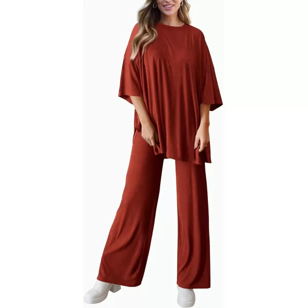 PRETTYGARDEN Womens 2 Piece Outfits Casual Short Sleeve Pullover Tops and Wide Leg Pants Lounge Sets TracksuitsBrick Red