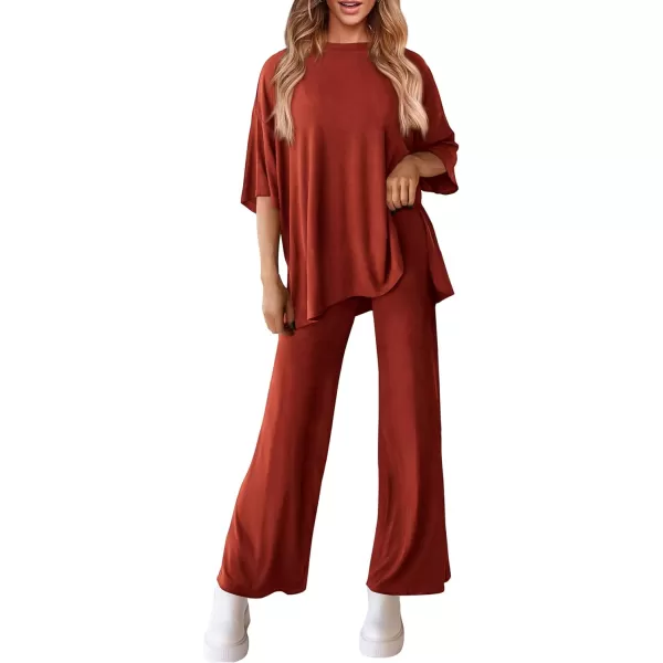 PRETTYGARDEN Womens 2 Piece Outfits Casual Short Sleeve Pullover Tops and Wide Leg Pants Lounge Sets TracksuitsBrick Red