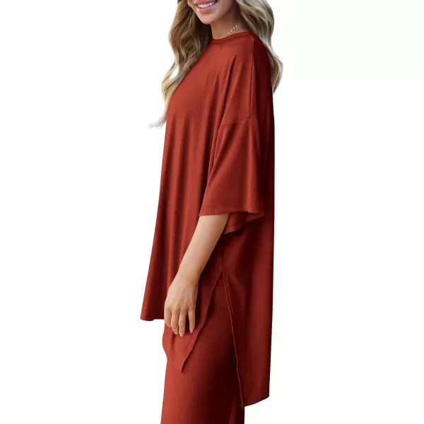 PRETTYGARDEN Womens 2 Piece Outfits Casual Short Sleeve Pullover Tops and Wide Leg Pants Lounge Sets TracksuitsBrick Red