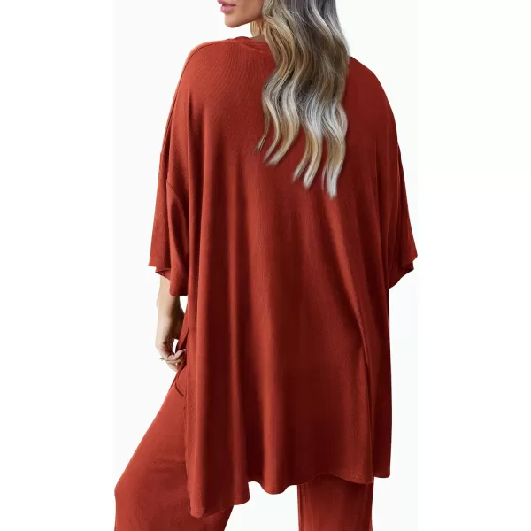 PRETTYGARDEN Womens 2 Piece Outfits Casual Short Sleeve Pullover Tops and Wide Leg Pants Lounge Sets TracksuitsBrick Red