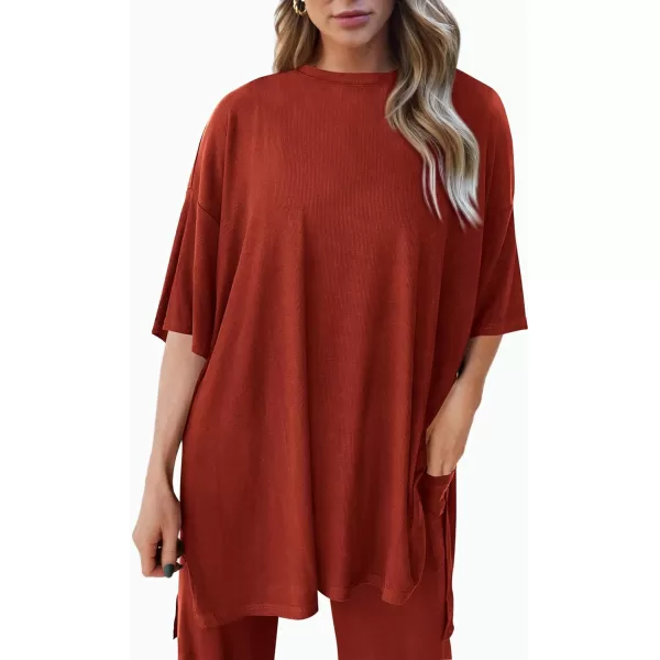 PRETTYGARDEN Womens 2 Piece Outfits Casual Short Sleeve Pullover Tops and Wide Leg Pants Lounge Sets TracksuitsBrick Red