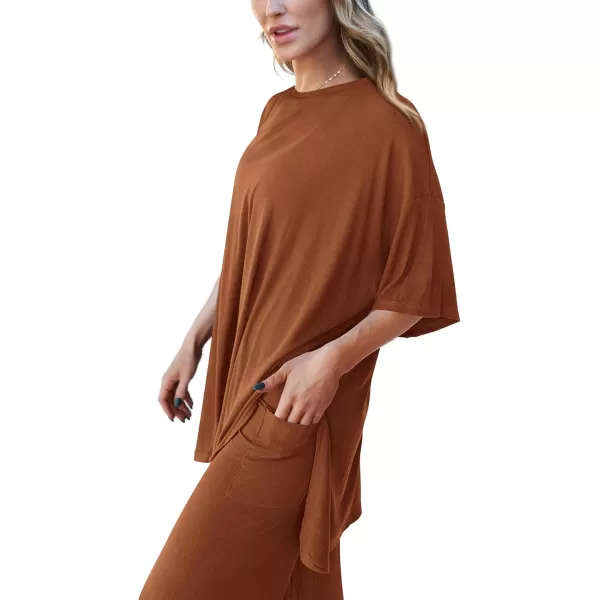 PRETTYGARDEN Womens 2 Piece Outfits Casual Short Sleeve Pullover Tops and Wide Leg Pants Lounge Sets TracksuitsBrown