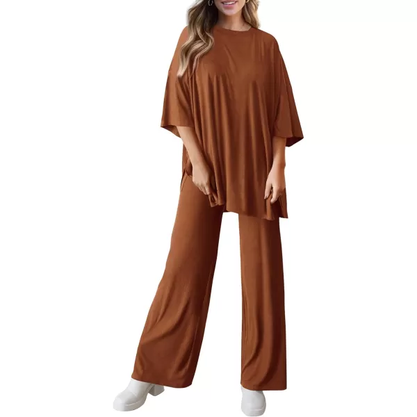 PRETTYGARDEN Womens 2 Piece Outfits Casual Short Sleeve Pullover Tops and Wide Leg Pants Lounge Sets TracksuitsBrown
