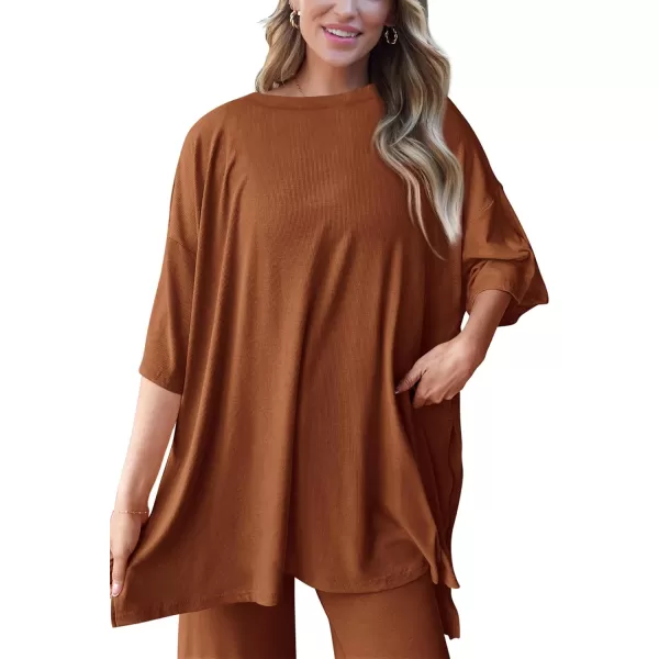 PRETTYGARDEN Womens 2 Piece Outfits Casual Short Sleeve Pullover Tops and Wide Leg Pants Lounge Sets TracksuitsBrown