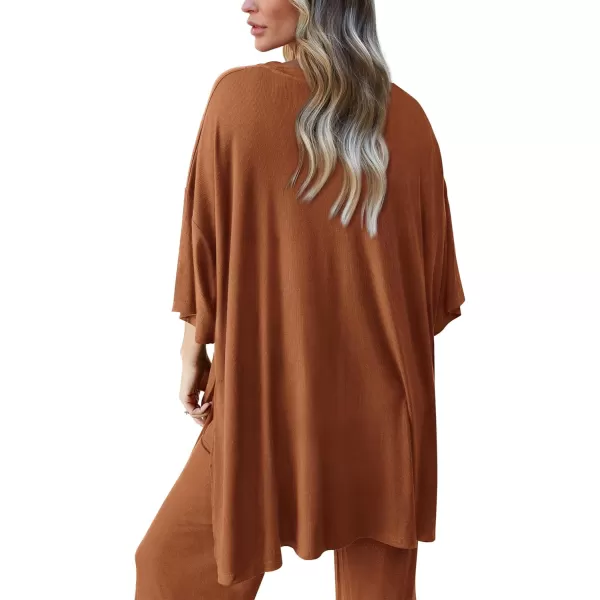 PRETTYGARDEN Womens 2 Piece Outfits Casual Short Sleeve Pullover Tops and Wide Leg Pants Lounge Sets TracksuitsBrown