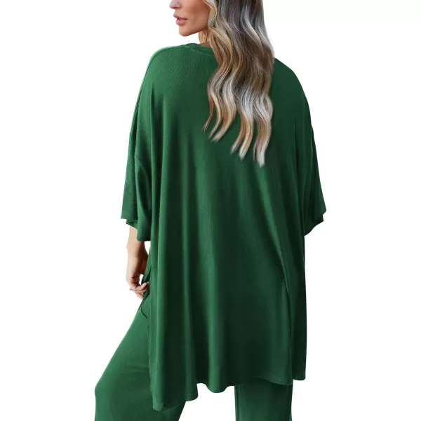 PRETTYGARDEN Womens 2 Piece Outfits Casual Short Sleeve Pullover Tops and Wide Leg Pants Lounge Sets TracksuitsDark Green