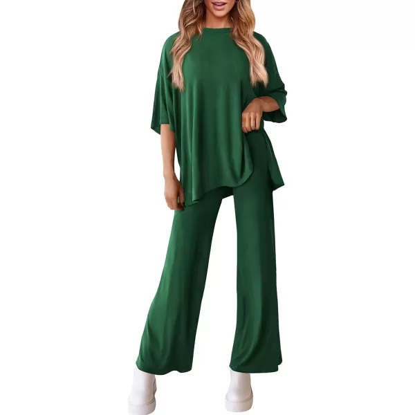 PRETTYGARDEN Womens 2 Piece Outfits Casual Short Sleeve Pullover Tops and Wide Leg Pants Lounge Sets TracksuitsDark Green