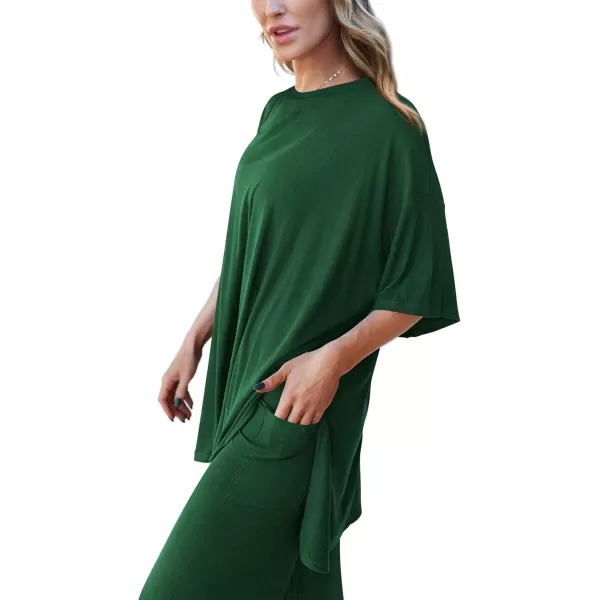 PRETTYGARDEN Womens 2 Piece Outfits Casual Short Sleeve Pullover Tops and Wide Leg Pants Lounge Sets TracksuitsDark Green