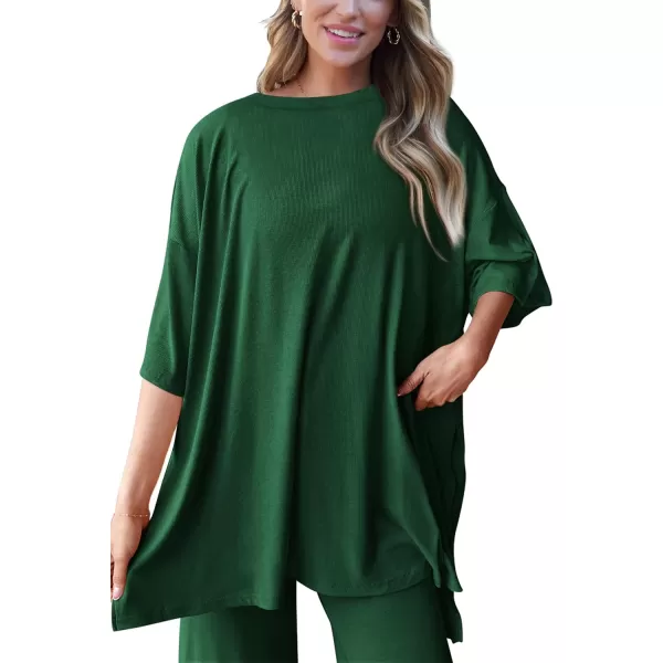 PRETTYGARDEN Womens 2 Piece Outfits Casual Short Sleeve Pullover Tops and Wide Leg Pants Lounge Sets TracksuitsDark Green