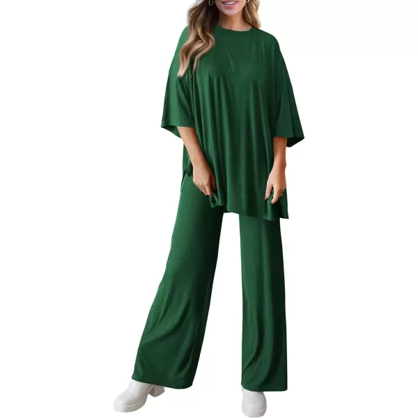 PRETTYGARDEN Womens 2 Piece Outfits Casual Short Sleeve Pullover Tops and Wide Leg Pants Lounge Sets TracksuitsDark Green