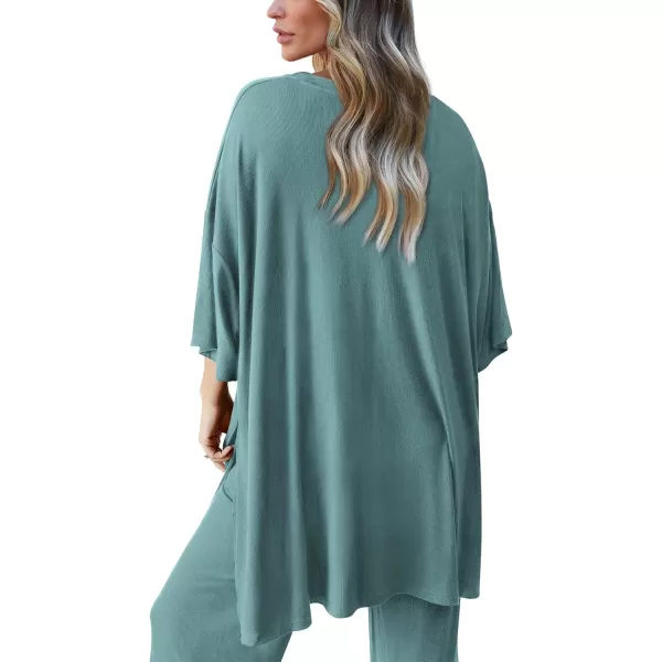 PRETTYGARDEN Womens 2 Piece Outfits Casual Short Sleeve Pullover Tops and Wide Leg Pants Lounge Sets TracksuitsFruit Green