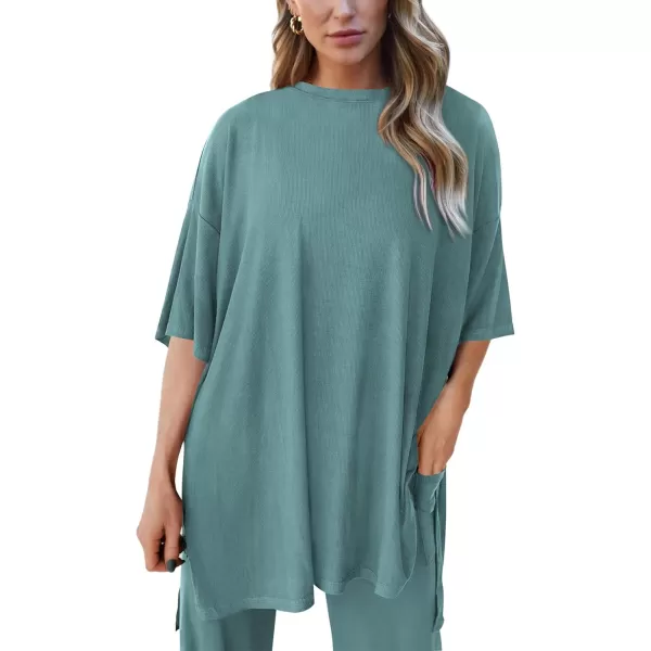 PRETTYGARDEN Womens 2 Piece Outfits Casual Short Sleeve Pullover Tops and Wide Leg Pants Lounge Sets TracksuitsFruit Green