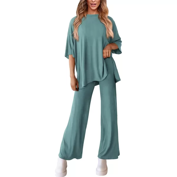 PRETTYGARDEN Womens 2 Piece Outfits Casual Short Sleeve Pullover Tops and Wide Leg Pants Lounge Sets TracksuitsFruit Green