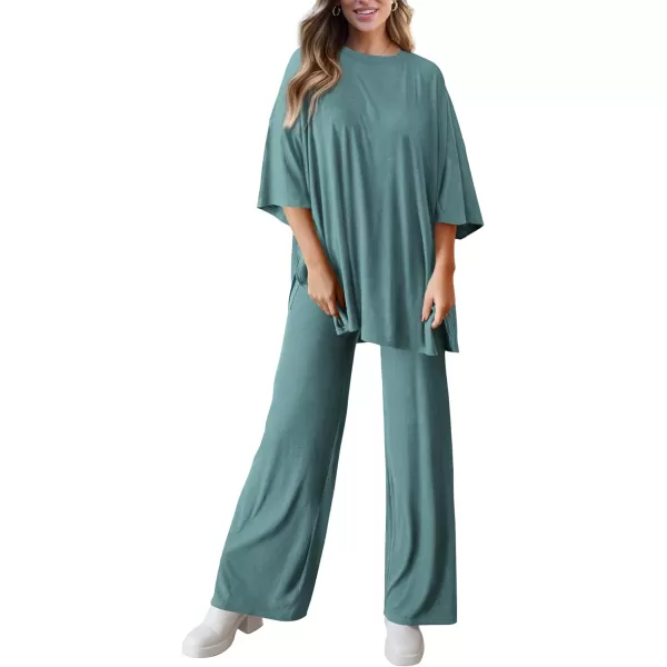 PRETTYGARDEN Womens 2 Piece Outfits Casual Short Sleeve Pullover Tops and Wide Leg Pants Lounge Sets TracksuitsFruit Green