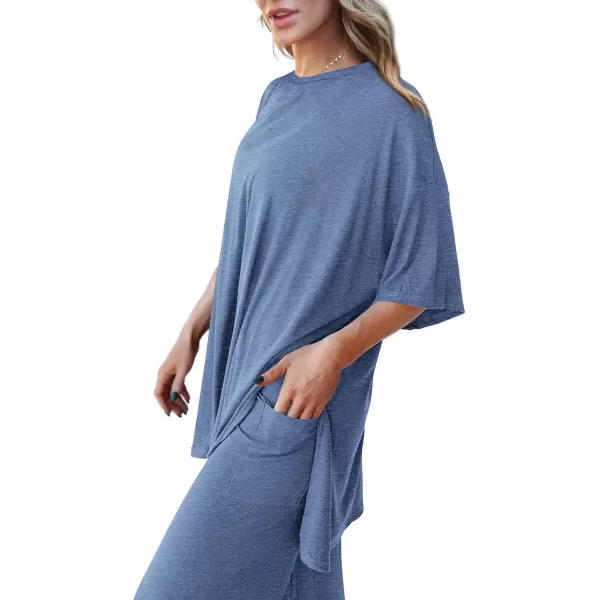 PRETTYGARDEN Womens 2 Piece Outfits Casual Short Sleeve Pullover Tops and Wide Leg Pants Lounge Sets TracksuitsGrey Blue