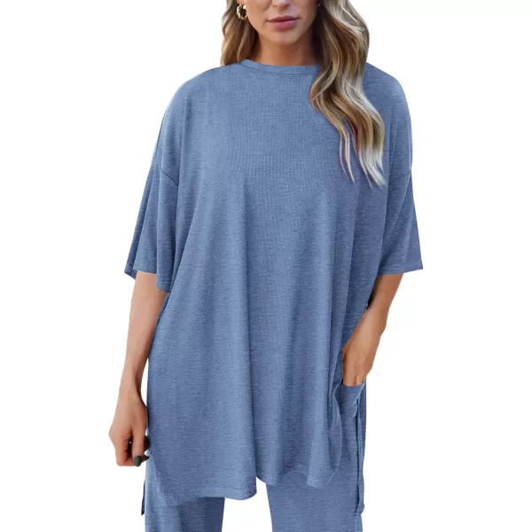 PRETTYGARDEN Womens 2 Piece Outfits Casual Short Sleeve Pullover Tops and Wide Leg Pants Lounge Sets TracksuitsGrey Blue