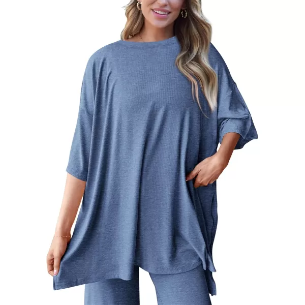 PRETTYGARDEN Womens 2 Piece Outfits Casual Short Sleeve Pullover Tops and Wide Leg Pants Lounge Sets TracksuitsGrey Blue