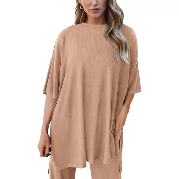PRETTYGARDEN Womens 2 Piece Outfits Casual Short Sleeve Pullover Tops and Wide Leg Pants Lounge Sets TracksuitsKhaki