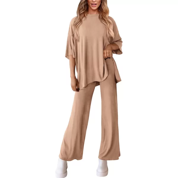 PRETTYGARDEN Womens 2 Piece Outfits Casual Short Sleeve Pullover Tops and Wide Leg Pants Lounge Sets TracksuitsKhaki