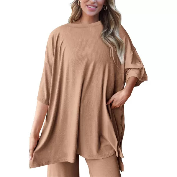 PRETTYGARDEN Womens 2 Piece Outfits Casual Short Sleeve Pullover Tops and Wide Leg Pants Lounge Sets TracksuitsKhaki