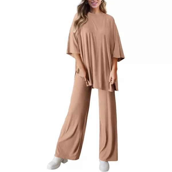 PRETTYGARDEN Womens 2 Piece Outfits Casual Short Sleeve Pullover Tops and Wide Leg Pants Lounge Sets TracksuitsKhaki