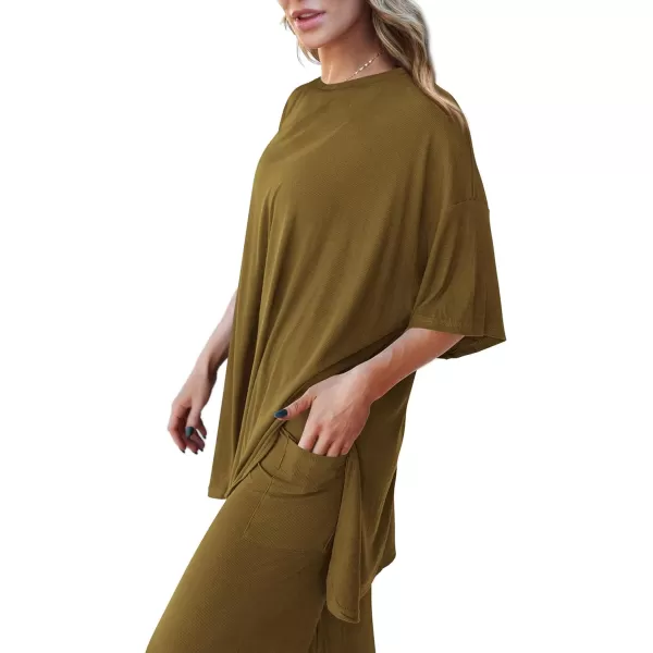 PRETTYGARDEN Womens 2 Piece Outfits Casual Short Sleeve Pullover Tops and Wide Leg Pants Lounge Sets TracksuitsLight Army Green