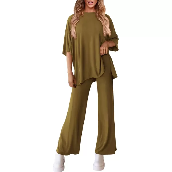 PRETTYGARDEN Womens 2 Piece Outfits Casual Short Sleeve Pullover Tops and Wide Leg Pants Lounge Sets TracksuitsLight Army Green