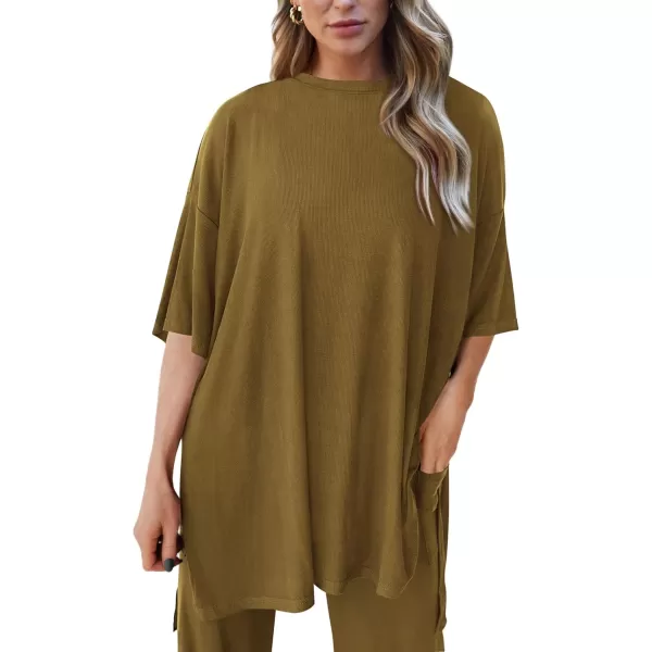 PRETTYGARDEN Womens 2 Piece Outfits Casual Short Sleeve Pullover Tops and Wide Leg Pants Lounge Sets TracksuitsLight Army Green