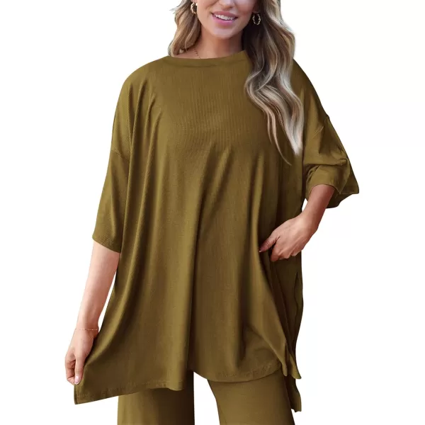 PRETTYGARDEN Womens 2 Piece Outfits Casual Short Sleeve Pullover Tops and Wide Leg Pants Lounge Sets TracksuitsLight Army Green