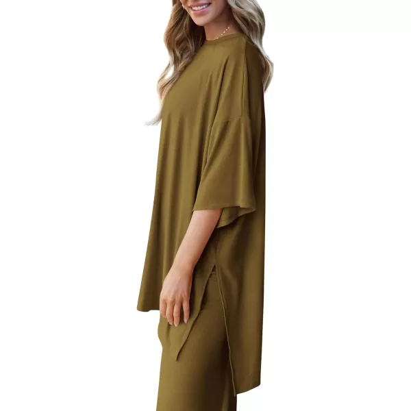 PRETTYGARDEN Womens 2 Piece Outfits Casual Short Sleeve Pullover Tops and Wide Leg Pants Lounge Sets TracksuitsLight Army Green